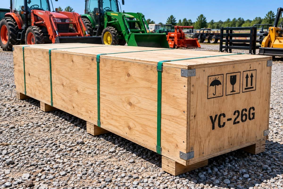 AGT YC-26G sawmill still in its wooden shipping crate at an outdoor equipment auction yard