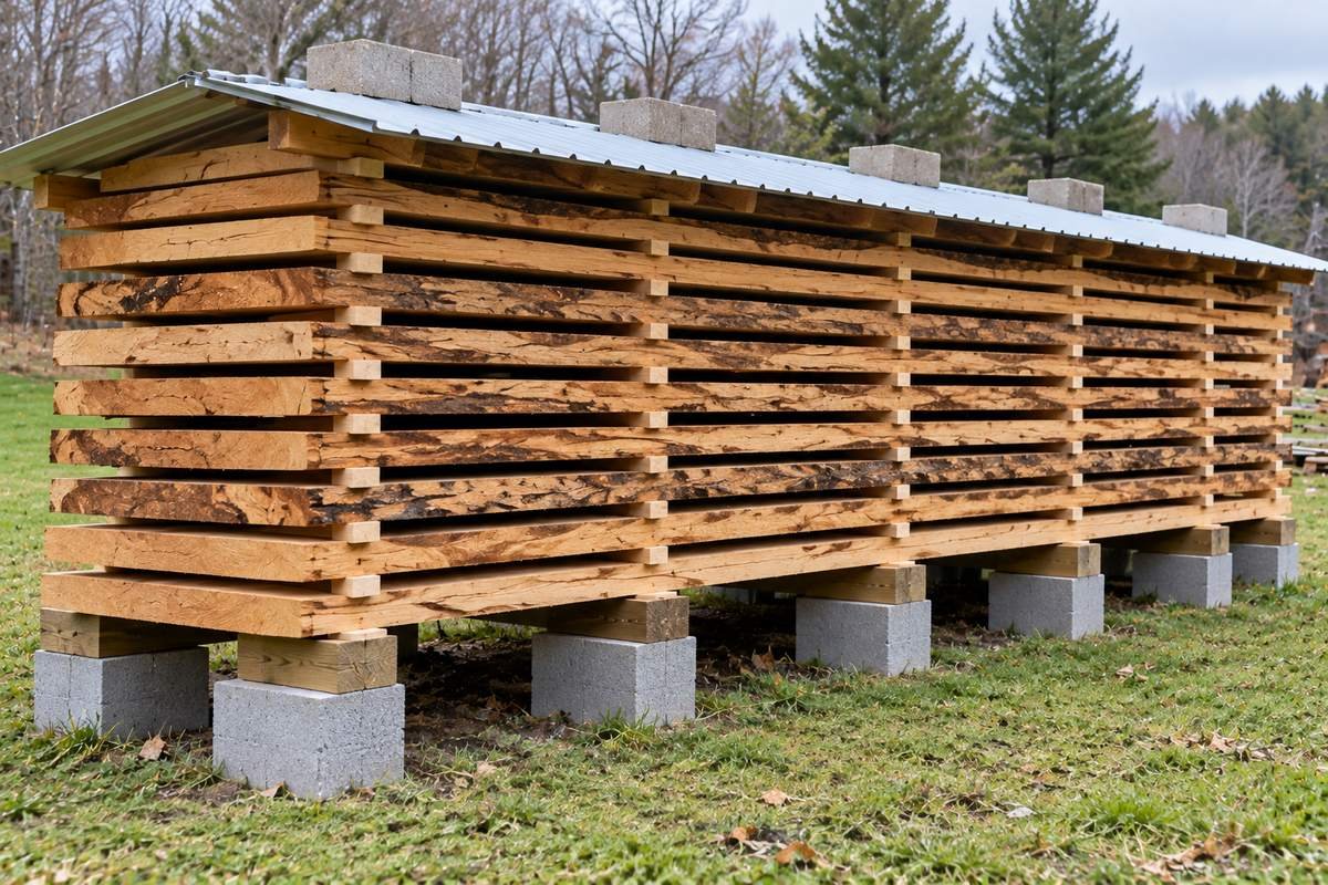 Air drying lumber stack on concrete block piers under a weighted metal roof