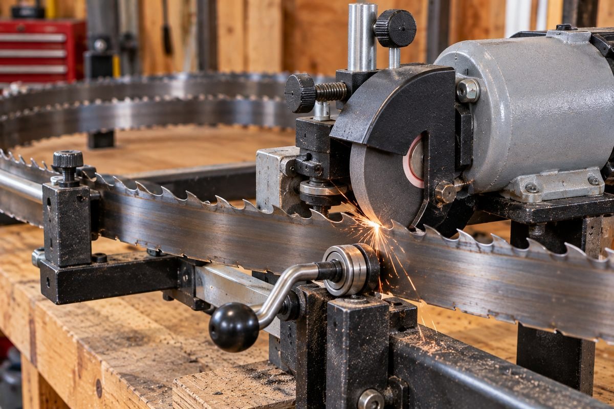 Bench band sawmill blade sharpener grinding a tooth, throwing sparks