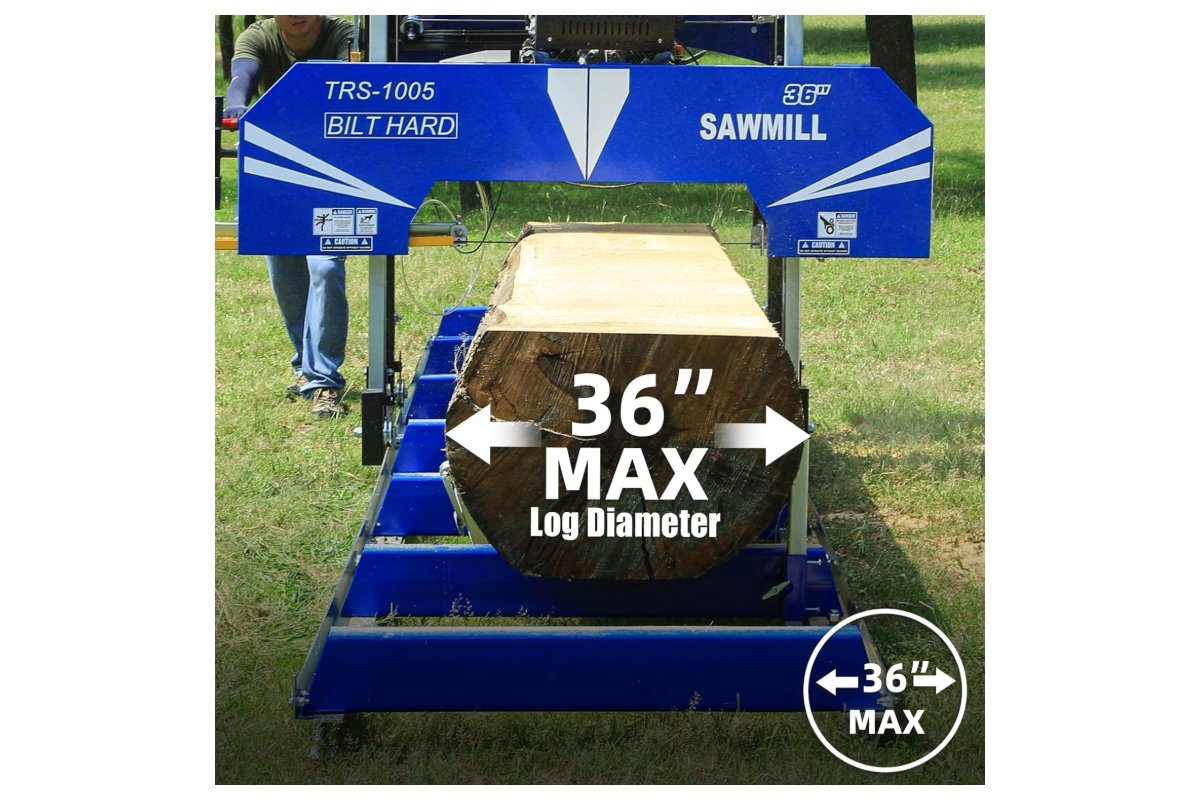 BILT HARD 36 inch sawmill with a log on the bed, marked 36 inch max log diameter