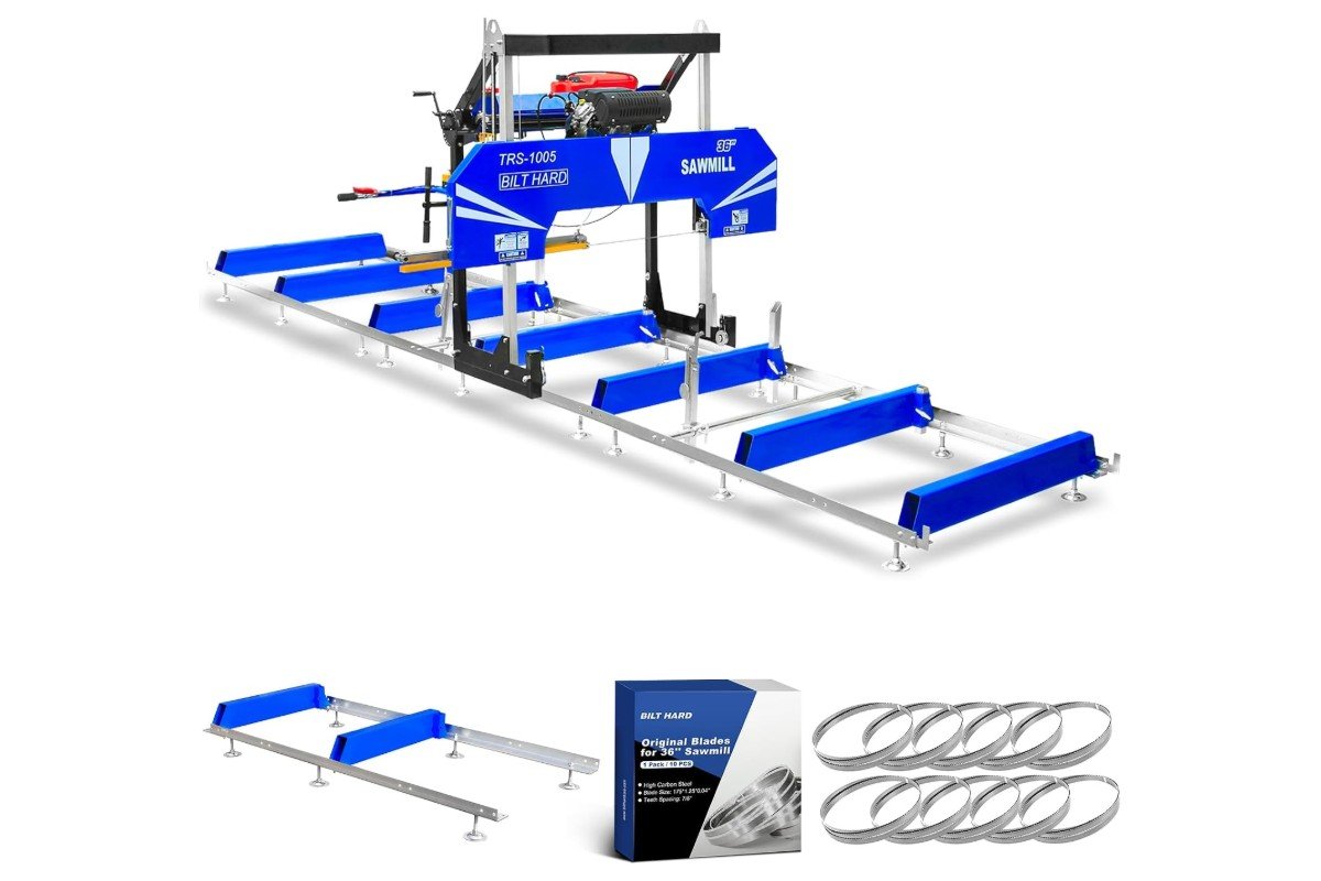 BILT HARD portable sawmill shown with its spare blades and track extension