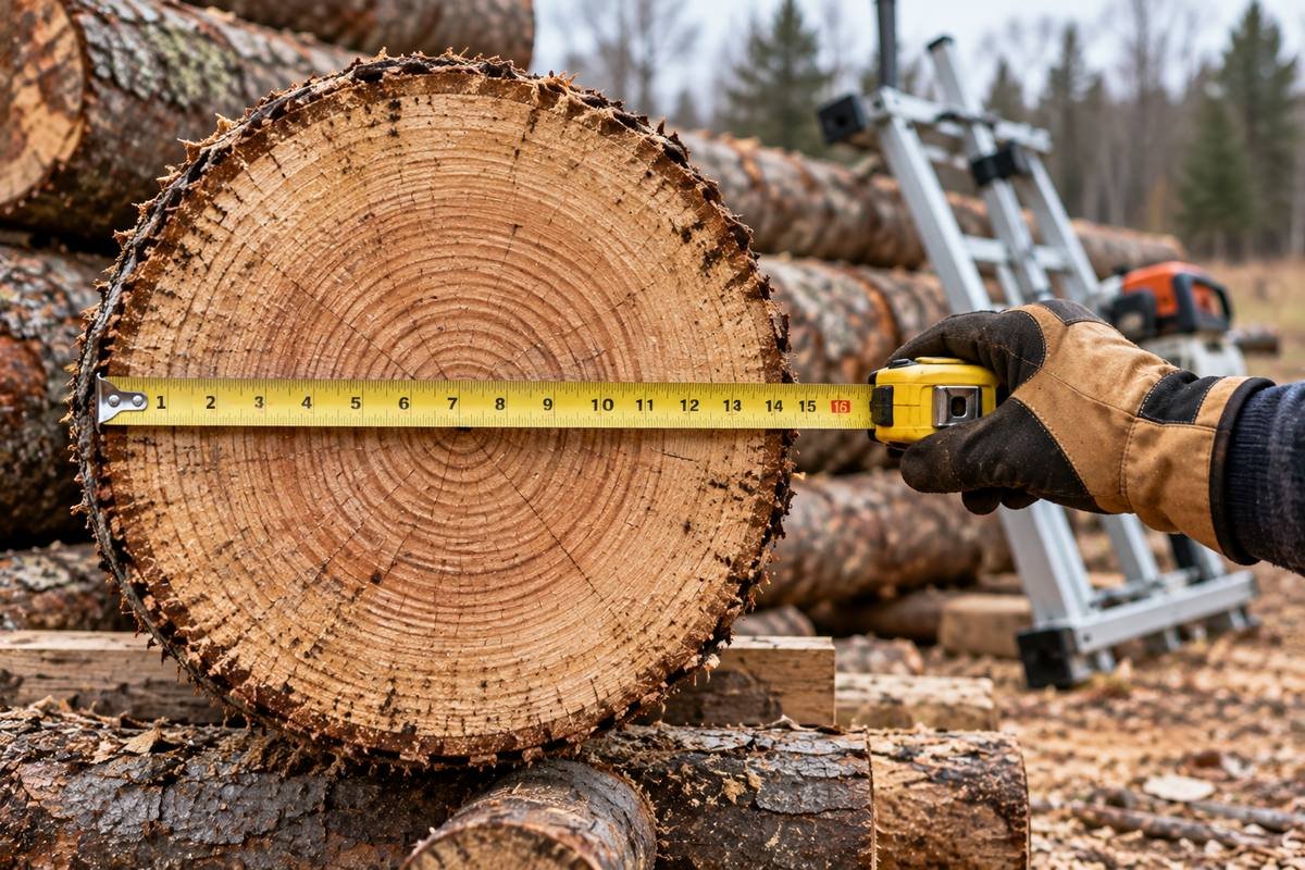 Tape measure stretched across the end of a sawlog on a log deck to find its diameter, with a chainsaw mill behind