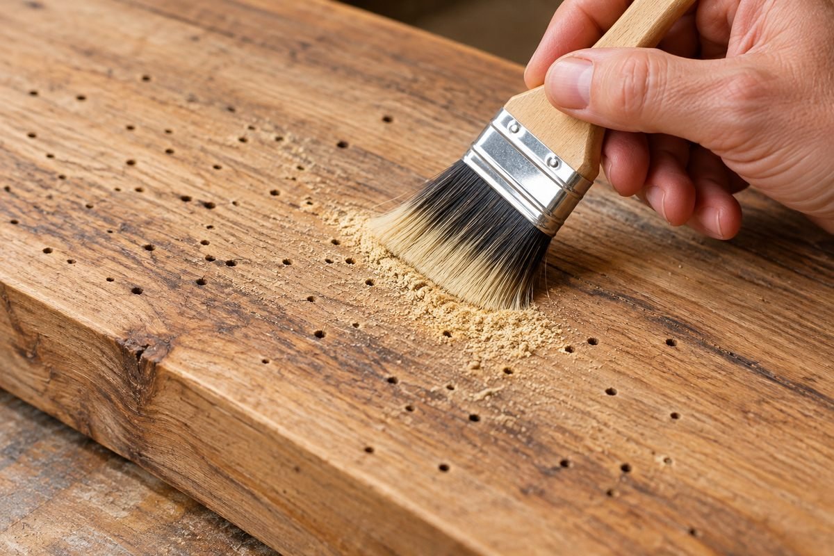 Hand brushing fine powder post beetle frass off a hardwood board dotted with tiny exit holes to check for new activity