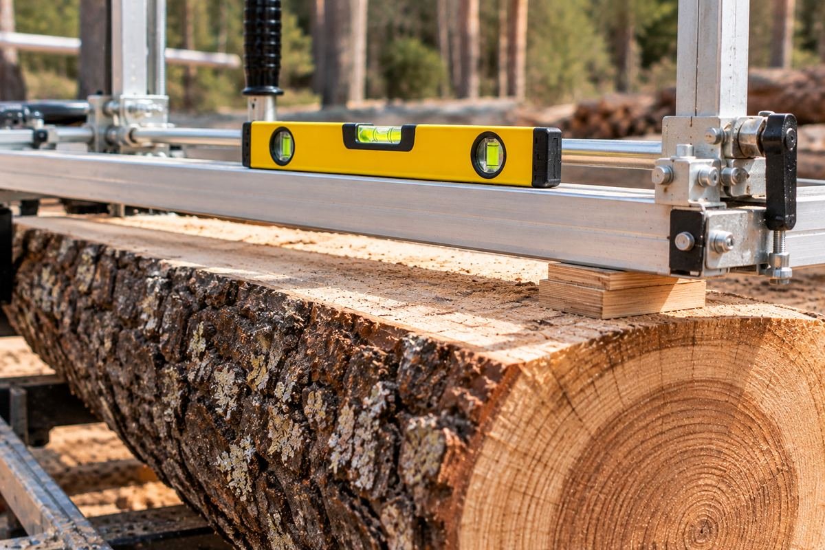 Bubble level centered on an aluminum chainsaw mill guide rail, with wood shims under one end of the rail