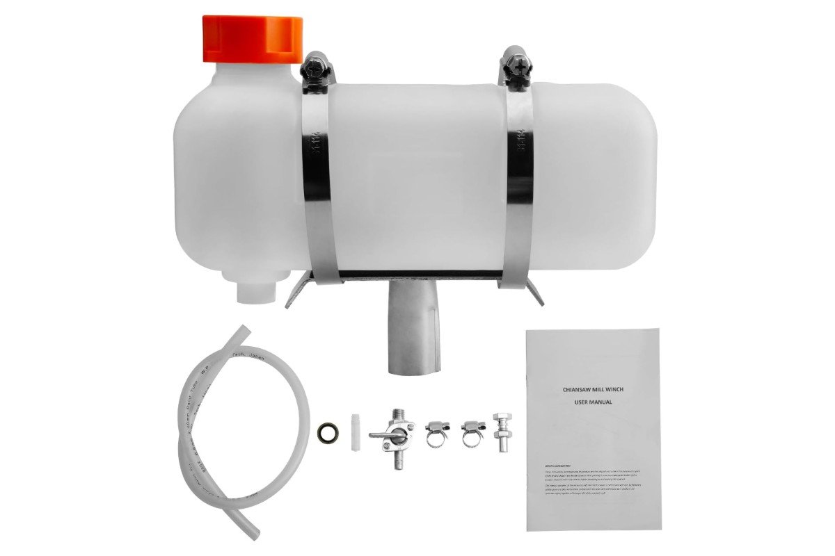 Auxiliary oiler kit for a chainsaw mill with an oil tank, mounting straps, hose and valve fittings