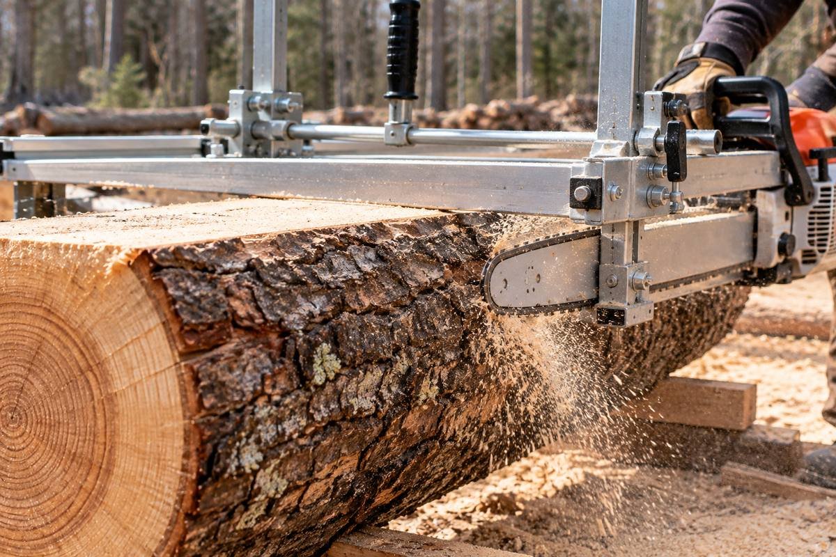 Chainsaw mill starting a cut, with the bar nose entering the edge of the log