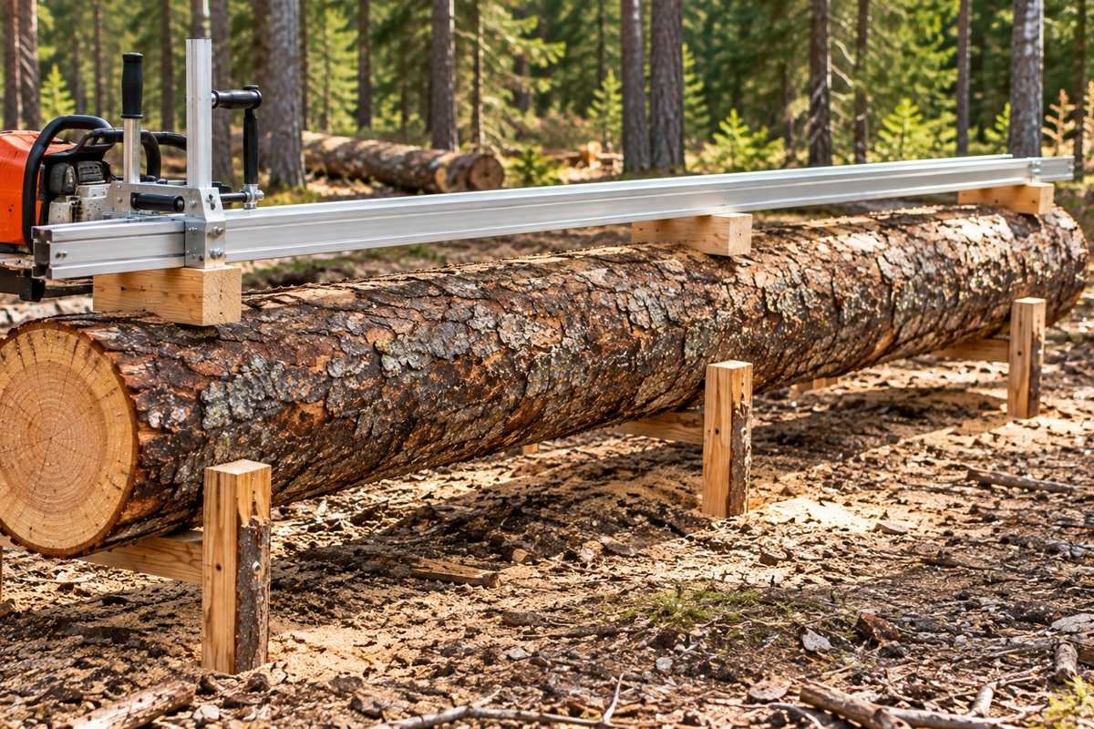 Long chainsaw mill guide rail supported on blocks along a log, not just at the ends