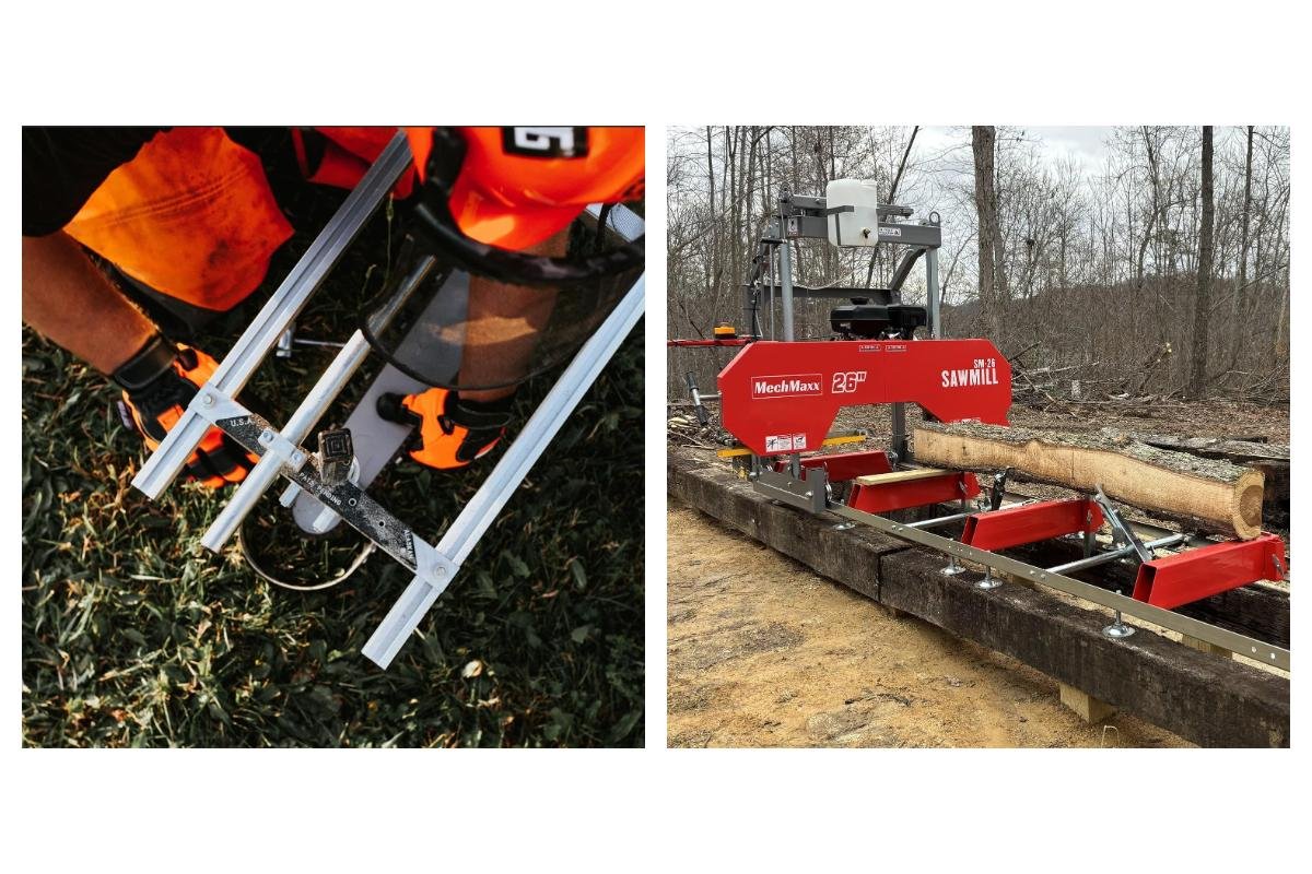 A Granberg chainsaw mill on a log beside a MechMaxx bandsaw mill with a log on its bed