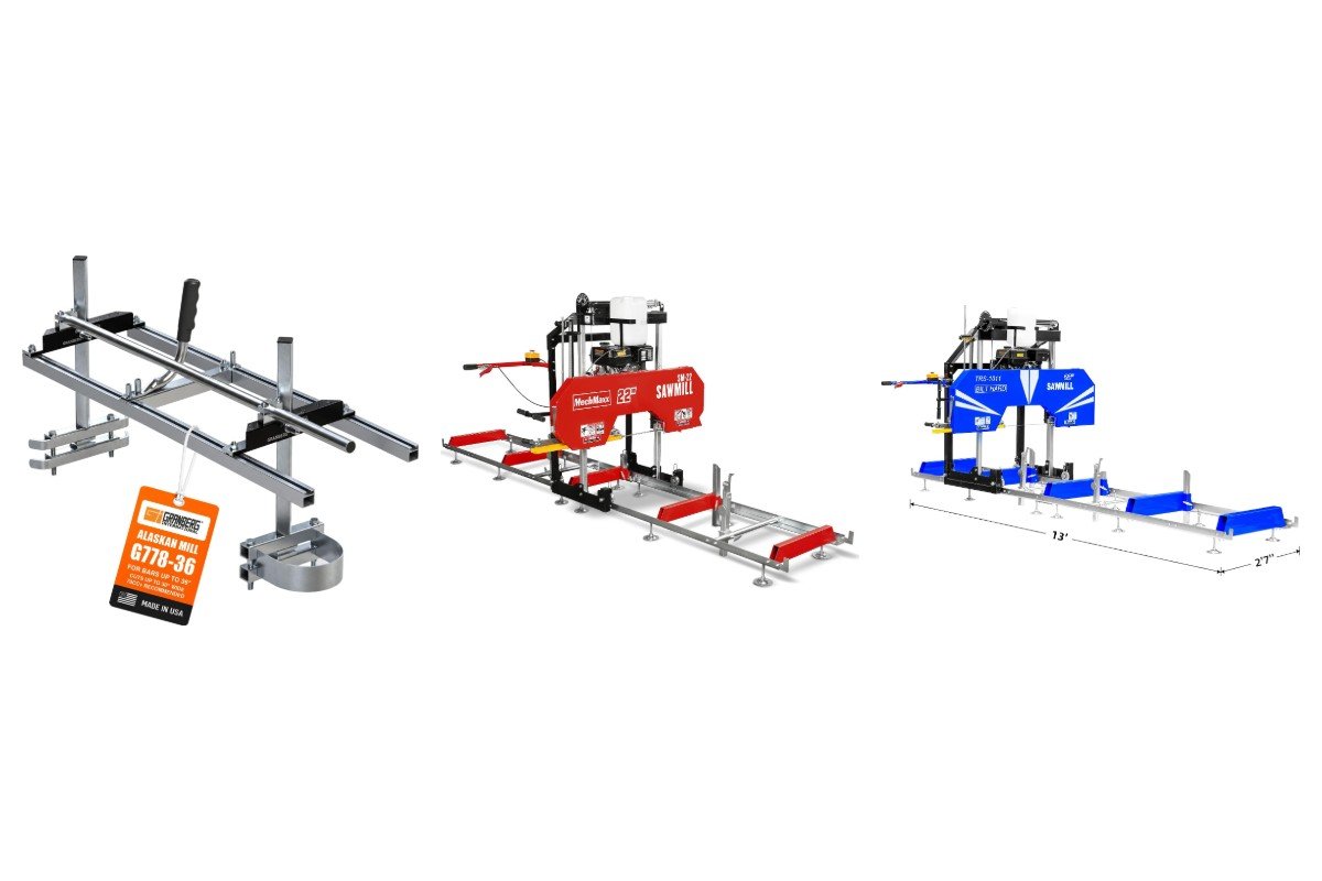 A Granberg chainsaw mill, a MechMaxx 22 inch sawmill and a BILT HARD 26 inch sawmill side by side, smallest to largest