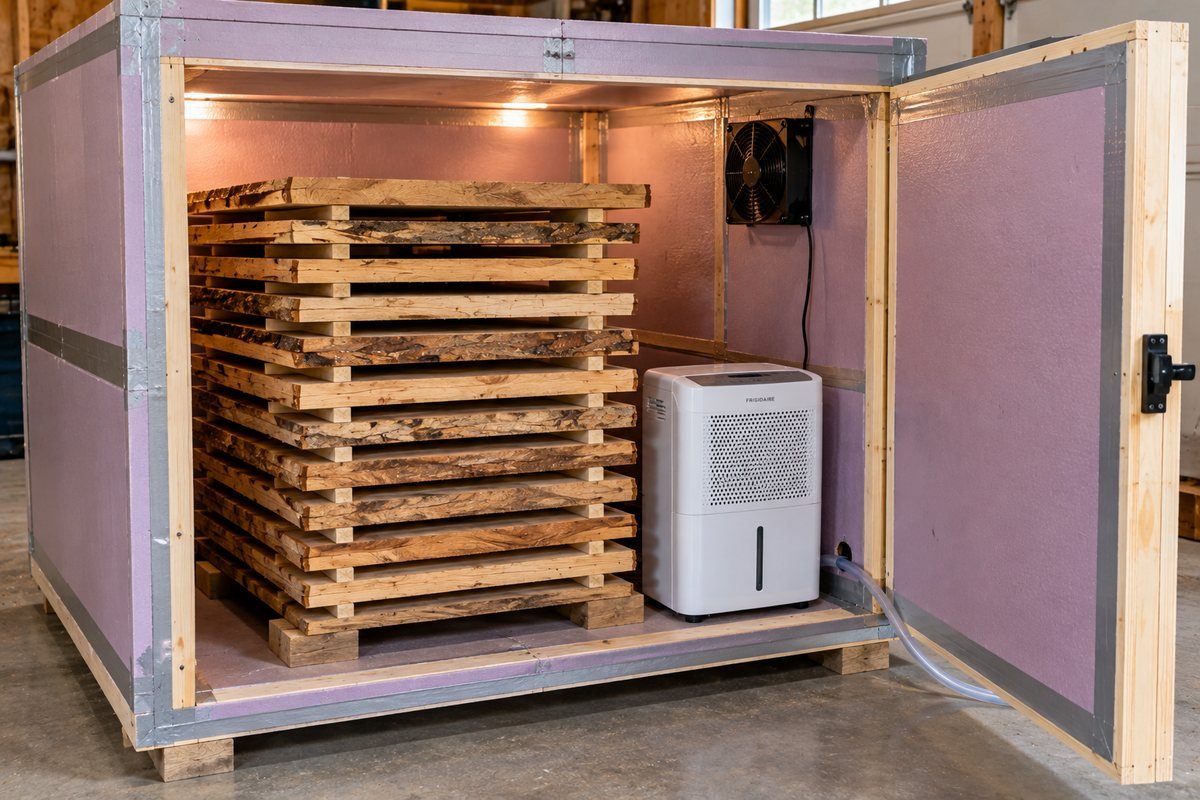 DIY dehumidification kiln built from foam board with a Frigidaire dehumidifier beside a stickered lumber stack