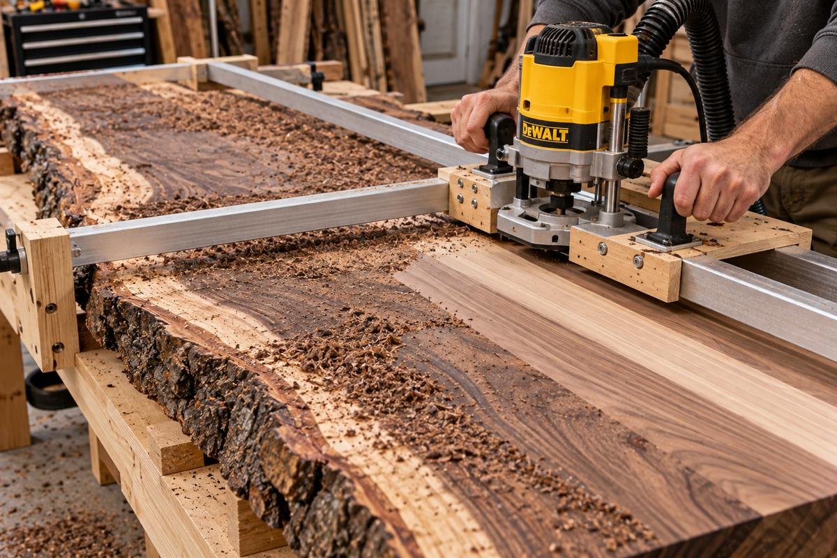 DeWalt router on a router sled riding aluminum rails, flattening a live edge walnut slab