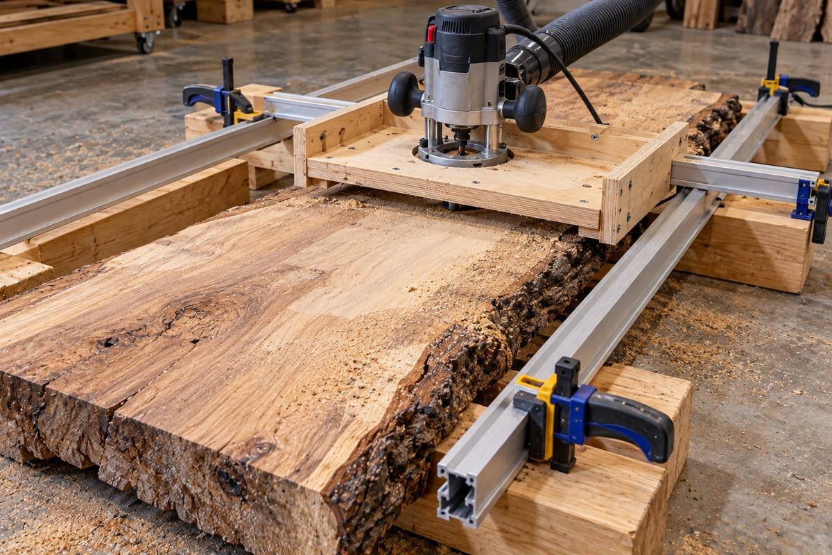 DIY router sled with a plywood carriage riding on two aluminum chainsaw mill rails clamped to blocks on either side of a slab