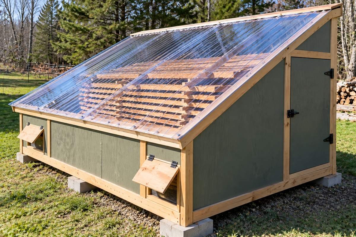 DIY solar lumber kiln with a clear sloped roof, painted plywood walls and vent flaps