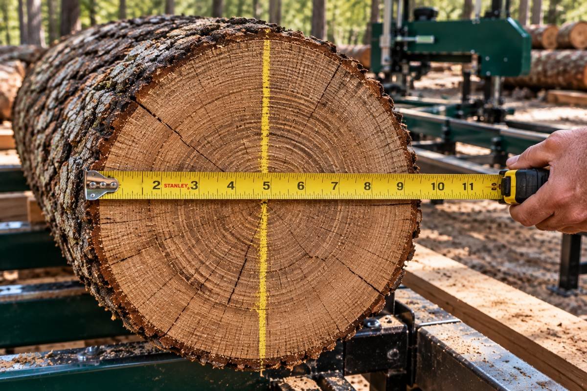 Stanley tape measure stretched across the end of an oak log on a sawmill, with a yellow crayon line marking the second measurement at 90 degrees