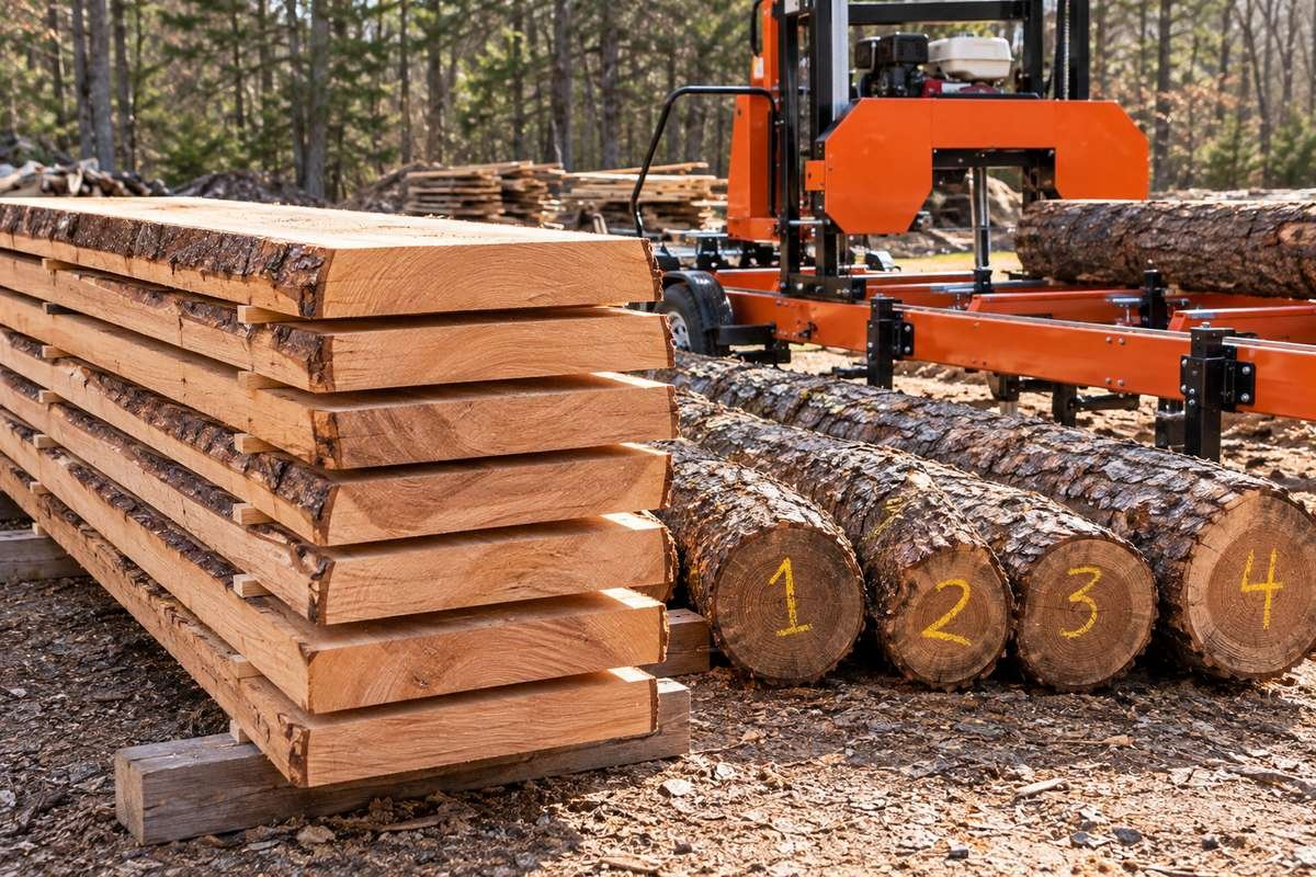 Stack of fresh green lumber beside a portable band sawmill, with logs numbered 1 to 4 in yellow crayon for a Doyle overrun study