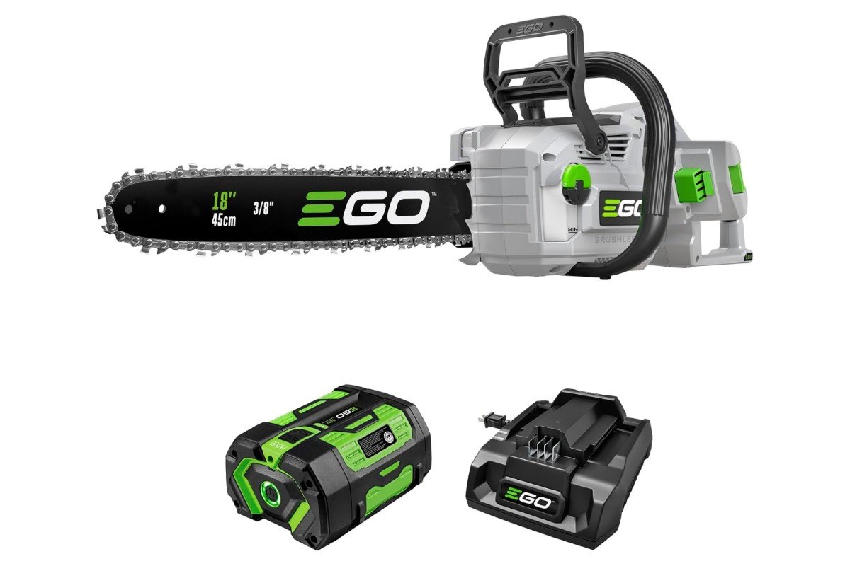 EGO POWER+ CS1815 18 inch battery powered chainsaw with its battery pack and charger
