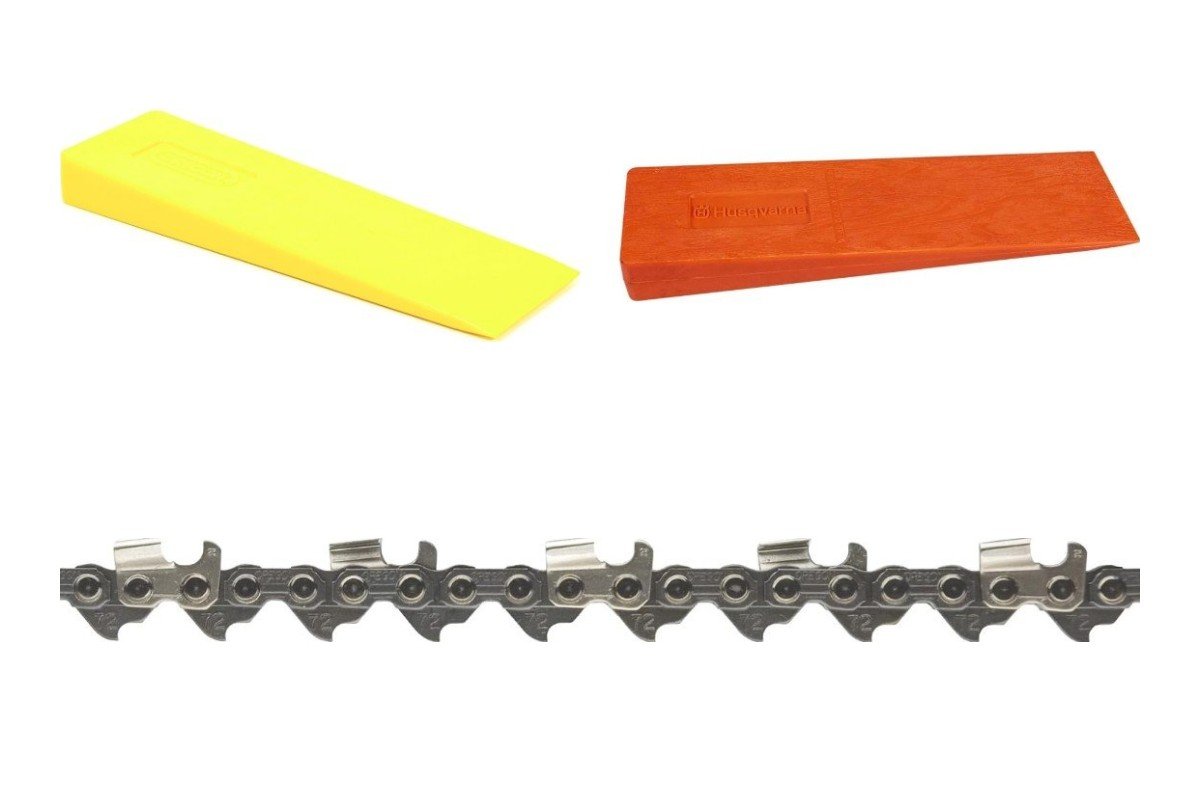 Plastic Oregon and Husqvarna felling wedges above an Oregon RipCut ripping chain
