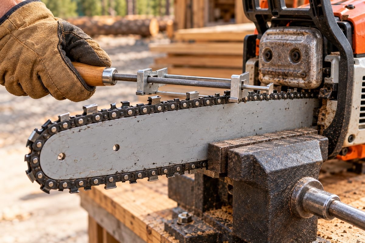 Chainsaw clamped in a bench vise while a round file in a file guide sharpens the chain