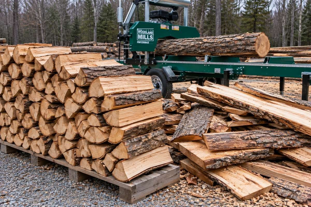 Stacked split firewood and a pile of slab offcuts beside a Woodland Mills HM126MAX portable sawmill