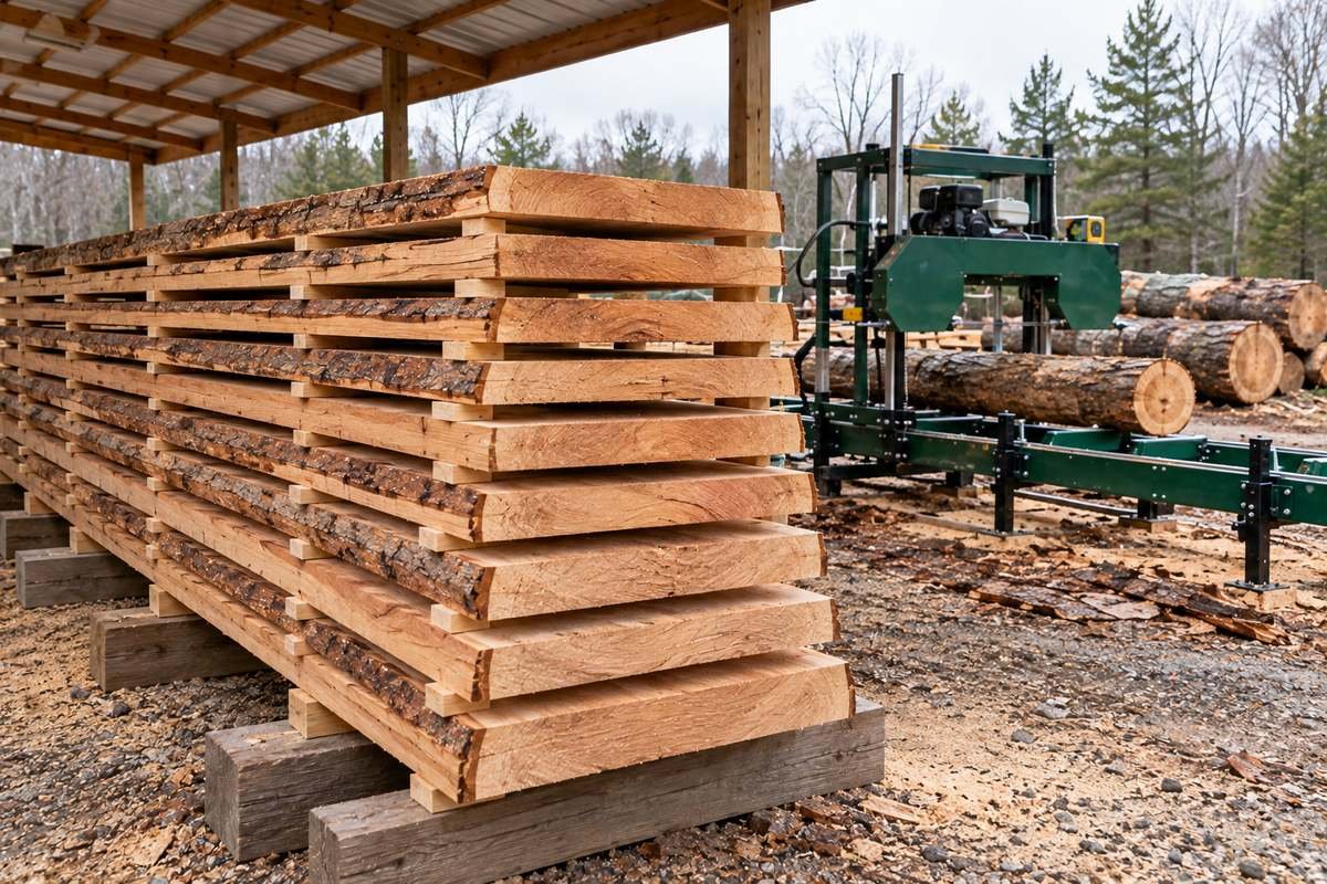 Fresh-sawn lumber stickered under a roof to air dry, with a portable sawmill and logs behind