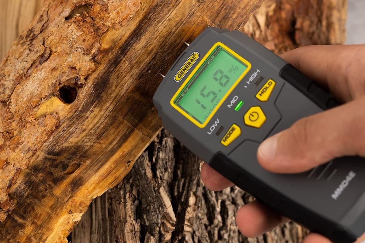 General Tools MMD4E pin moisture meter pressed into a piece of rough wood