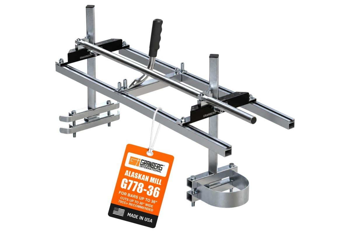 Granberg Alaskan MKIV G778-36 chainsaw mill with its orange product tag