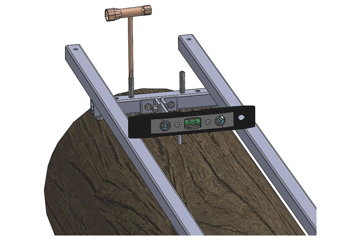 Granberg EZ Rail bracket on a log with a level set across the rails