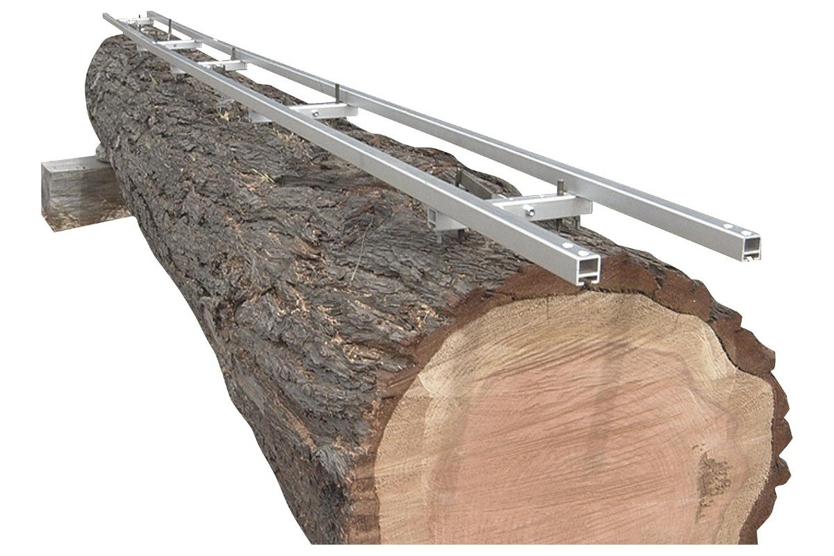 Granberg EZ Rail first cut guide mounted along the top of a log