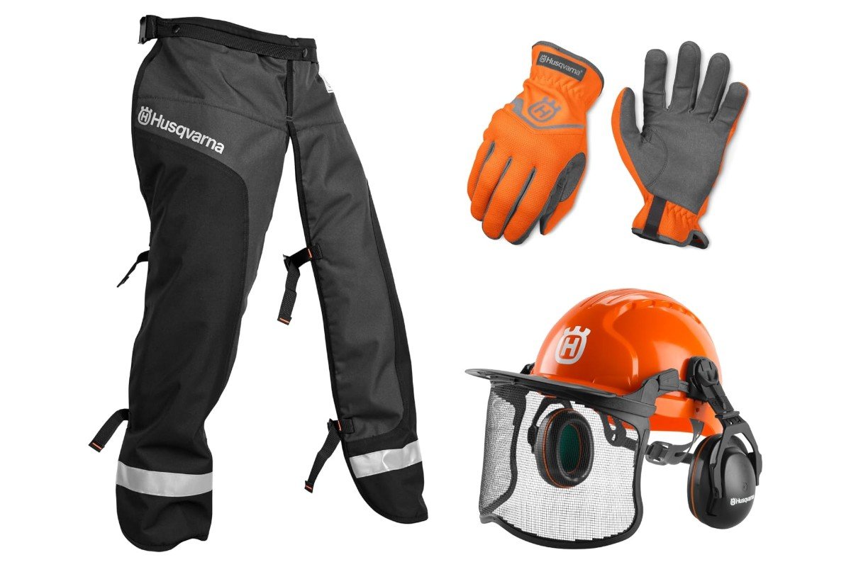 Husqvarna chainsaw safety kit with protective chaps, gloves and a forestry helmet with mesh visor and ear muffs