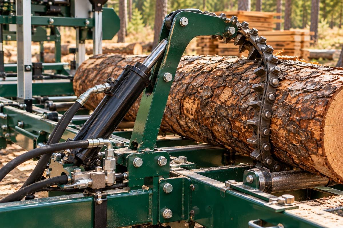 Hydraulic cylinder and toothed chain of a log turner gripping a log on a portable sawmill