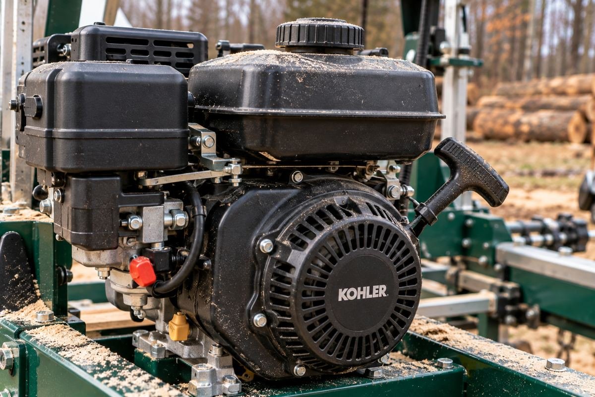 Kohler engine on a portable sawmill showing the pull-start handle and fuel cap
