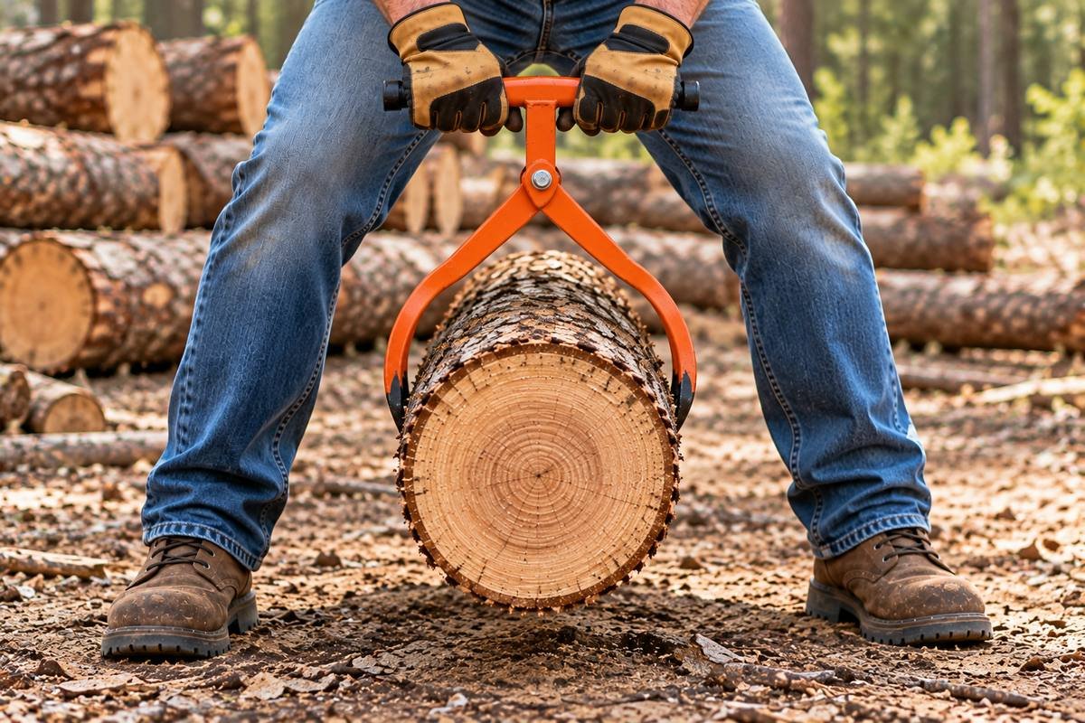 Straddling a short log with knees bent while lifting it level with log tongs gripping both sides at the middle