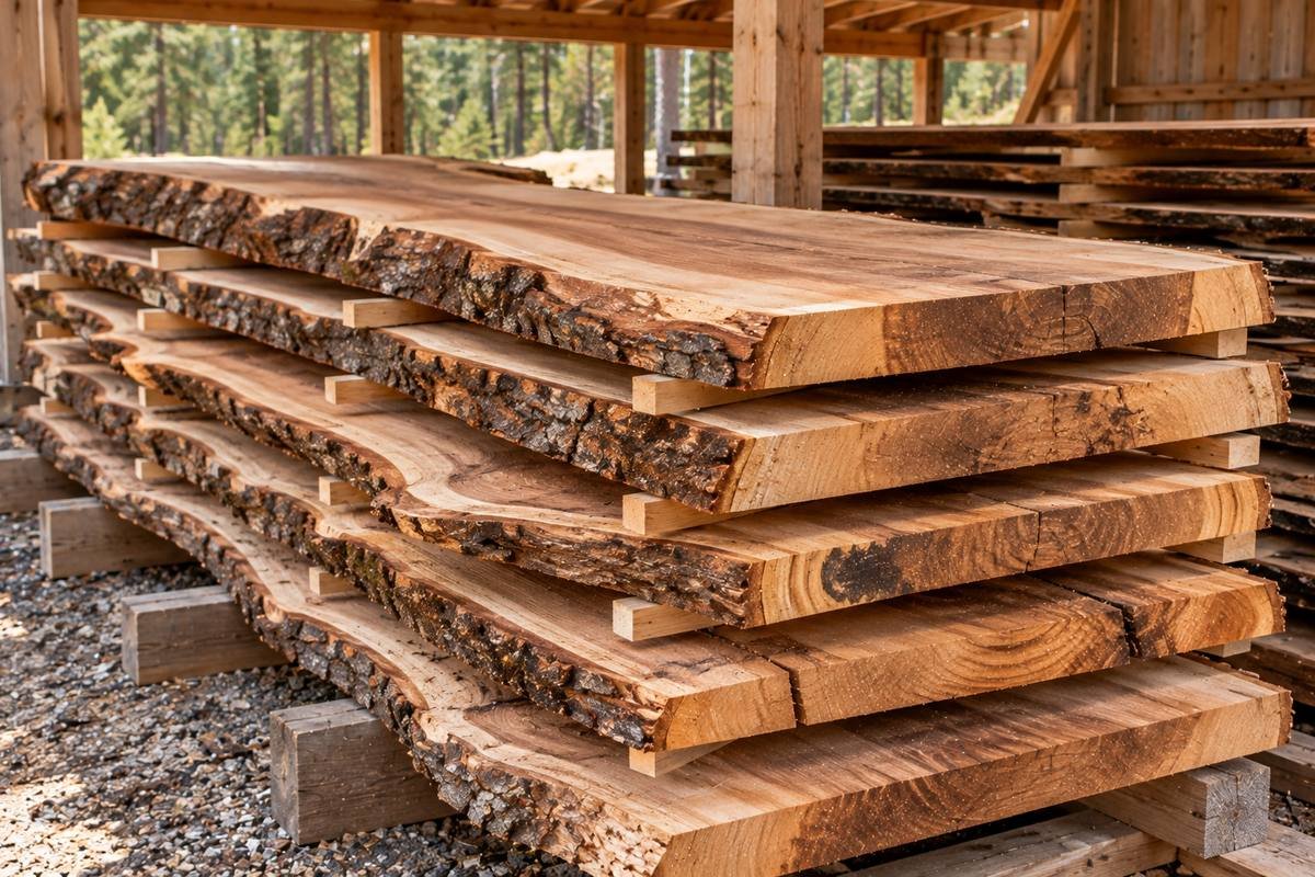 Live edge slabs stacked with stickers to air dry in an open shed
