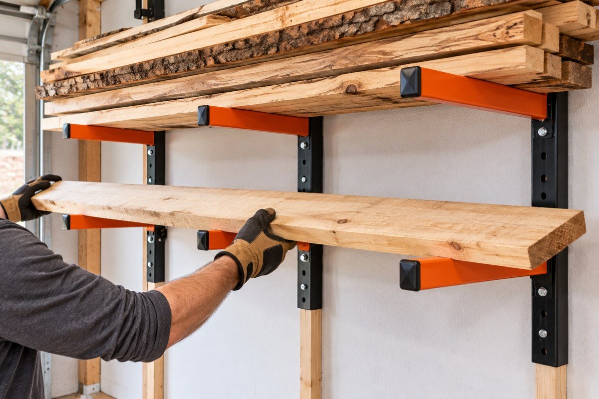 Setting a board across all three arms of a wall-mounted lumber rack, including the center support