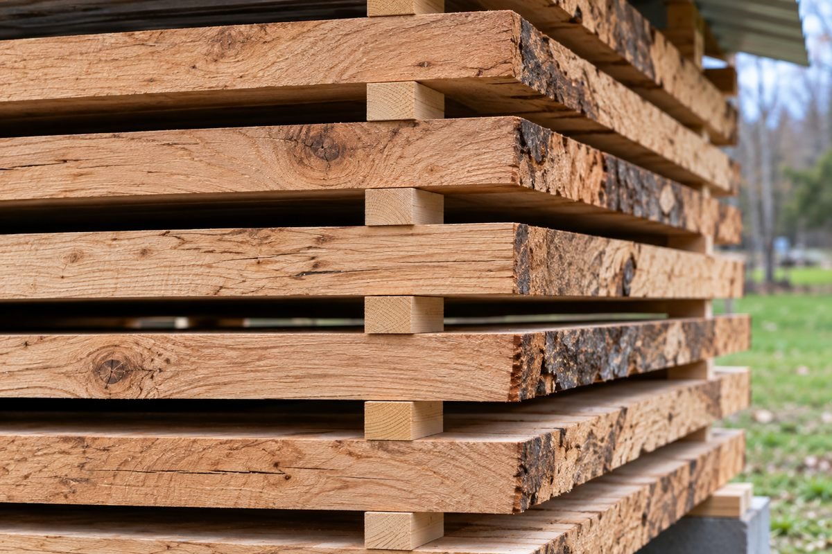 Stickers lined up evenly between boards in an air drying lumber stack