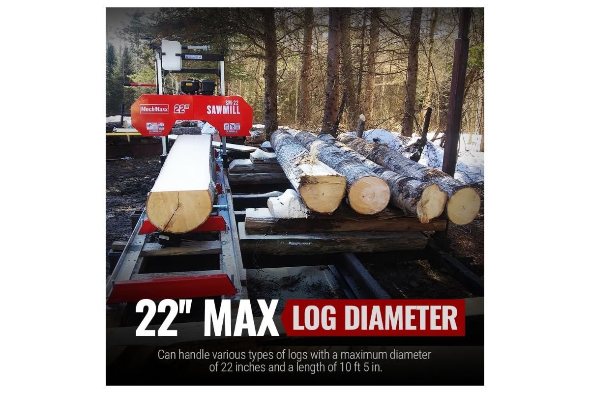 MechMaxx SM-22 with a log on the bed, marked 22 inch max log diameter