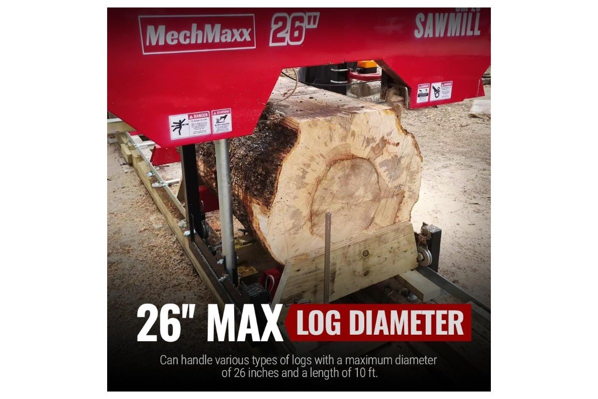 MechMaxx SM-26 sawmill with a large log, marked 26 inch max log diameter