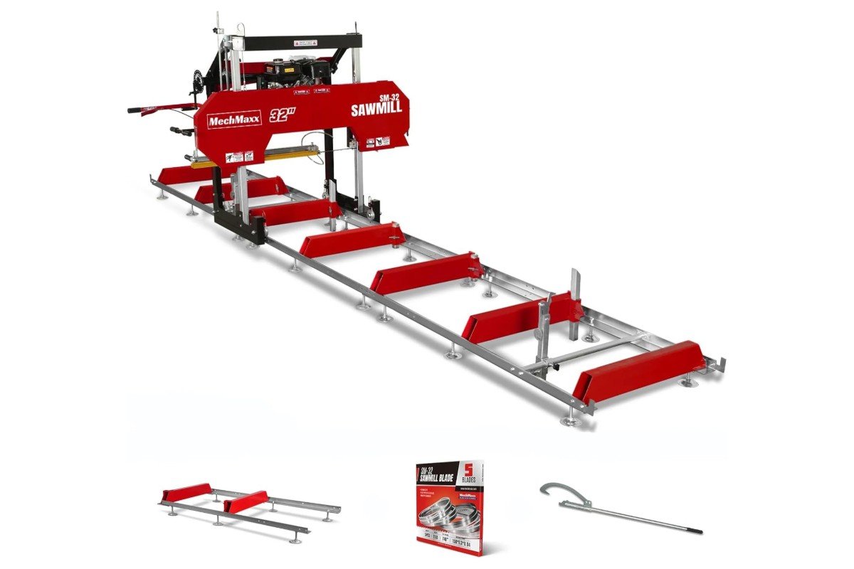 MechMaxx SM-32 32 inch portable sawmill on its track