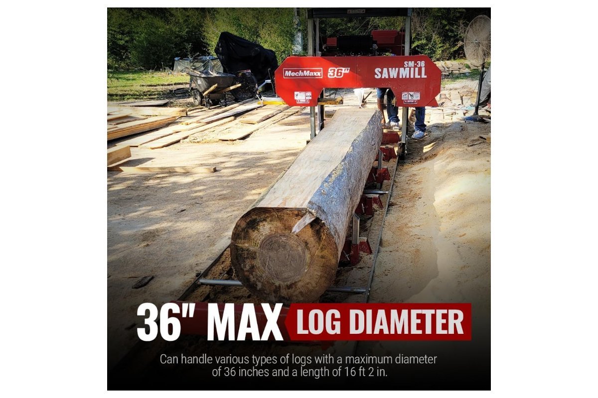 MechMaxx SM-36MAX sawmill with a large log, marked 36 inch max log diameter