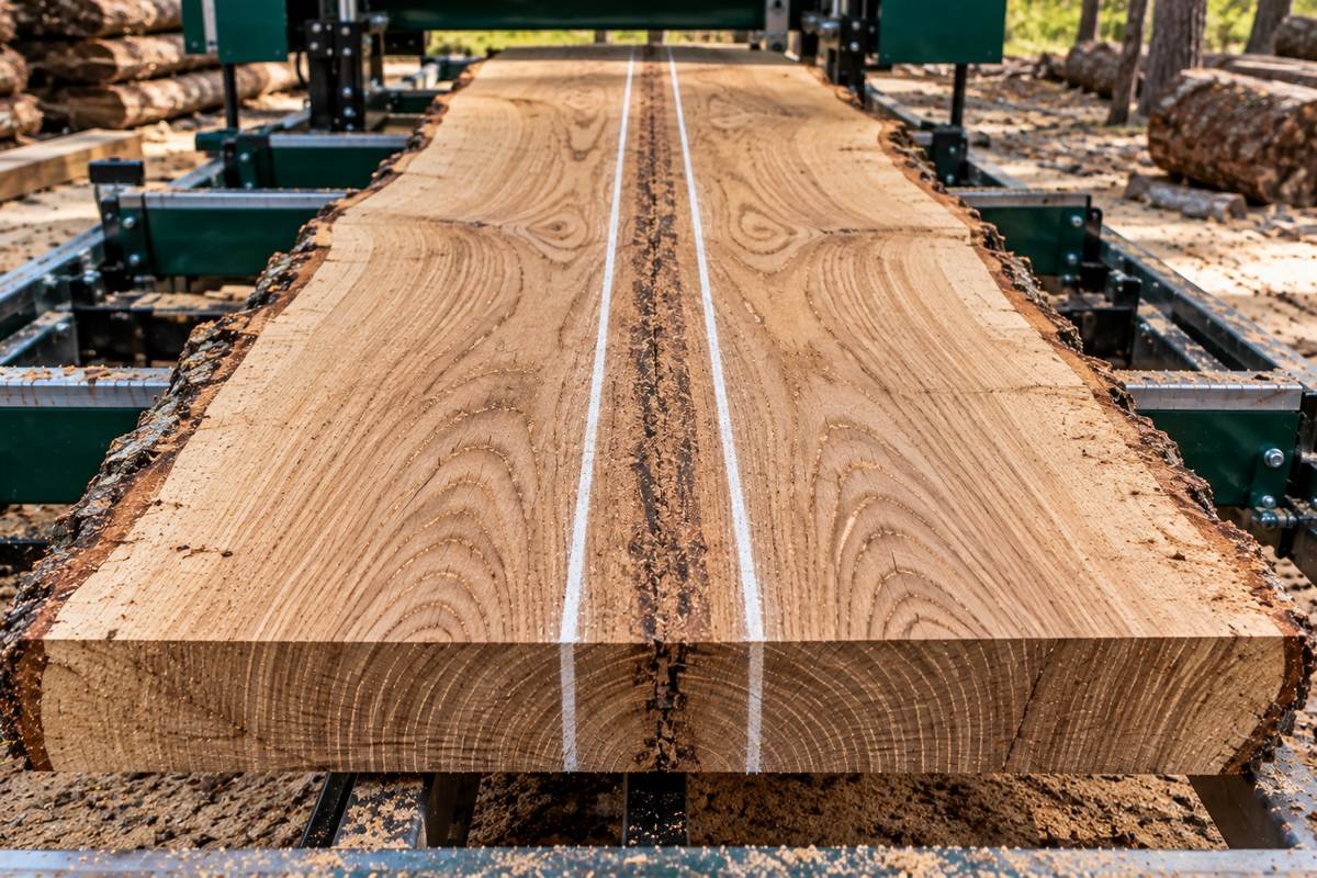 Wide oak center board on a sawmill with two chalk lines marking the pith strip to rip out