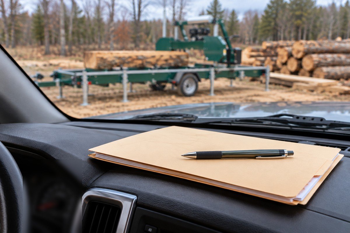 Folder of paperwork and a pen on a truck dashboard with a portable sawmill parked outside