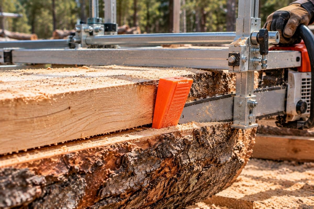 Orange plastic felling wedge set in the open kerf behind a chainsaw mill bar to keep the cut from closing