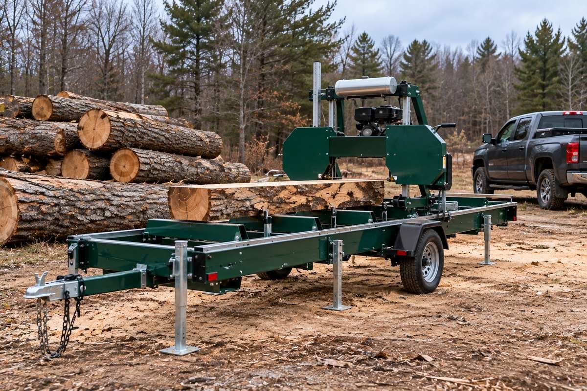 Portable band sawmill on its trailer at a rural job site with logs and a pickup truck