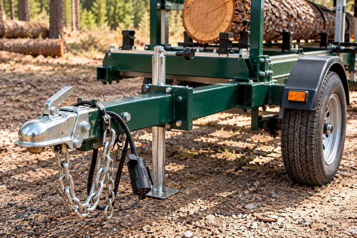 Portable sawmill trailer tongue with ball coupler, safety chains, light plug and jack