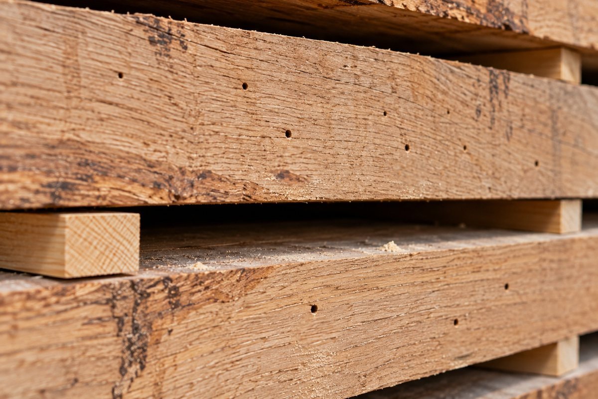 Tiny powder post beetle exit holes in stacked red oak boards, with small piles of fine powdery frass