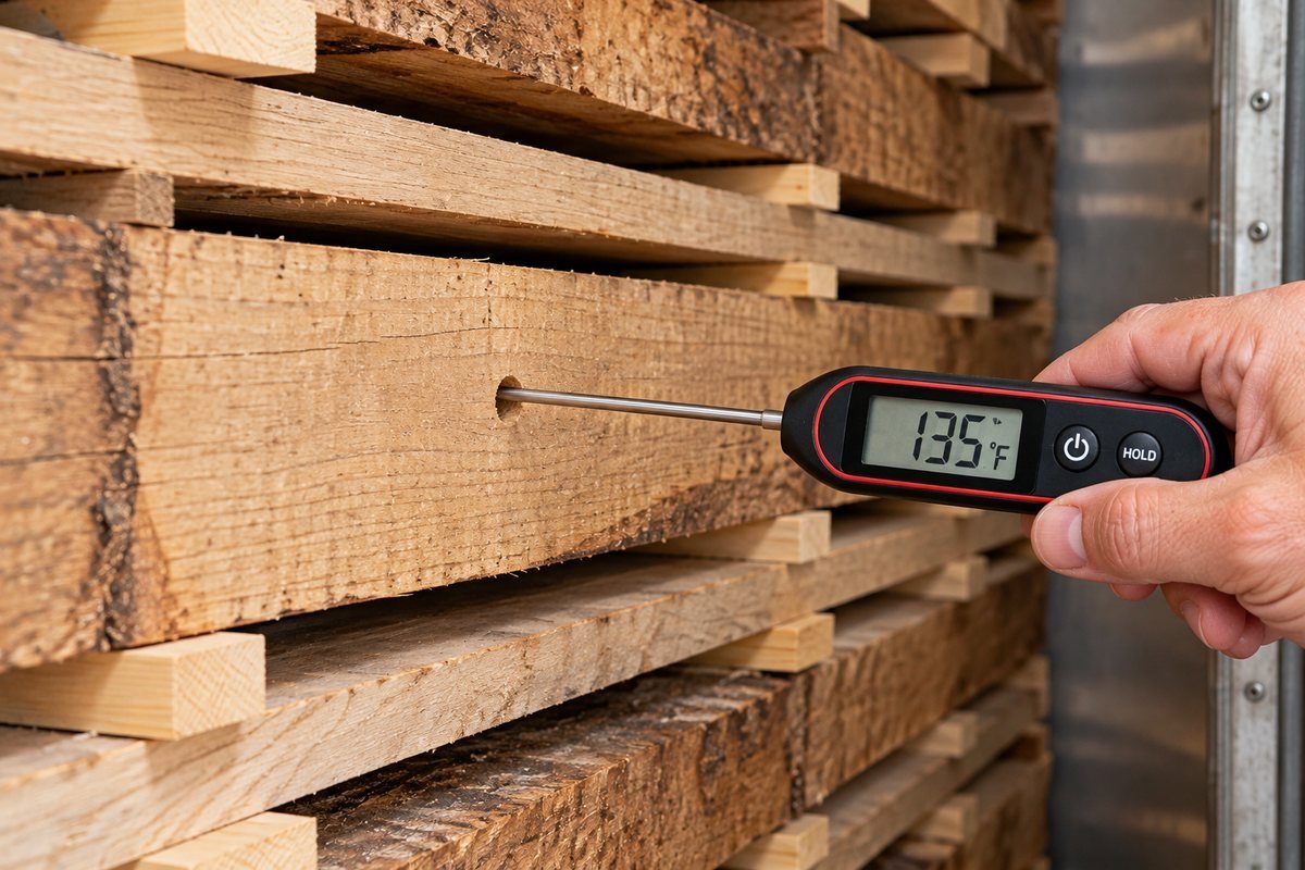 Digital probe thermometer pushed into a hole drilled in a board in a stacked lumber kiln load, reading 135 degrees F