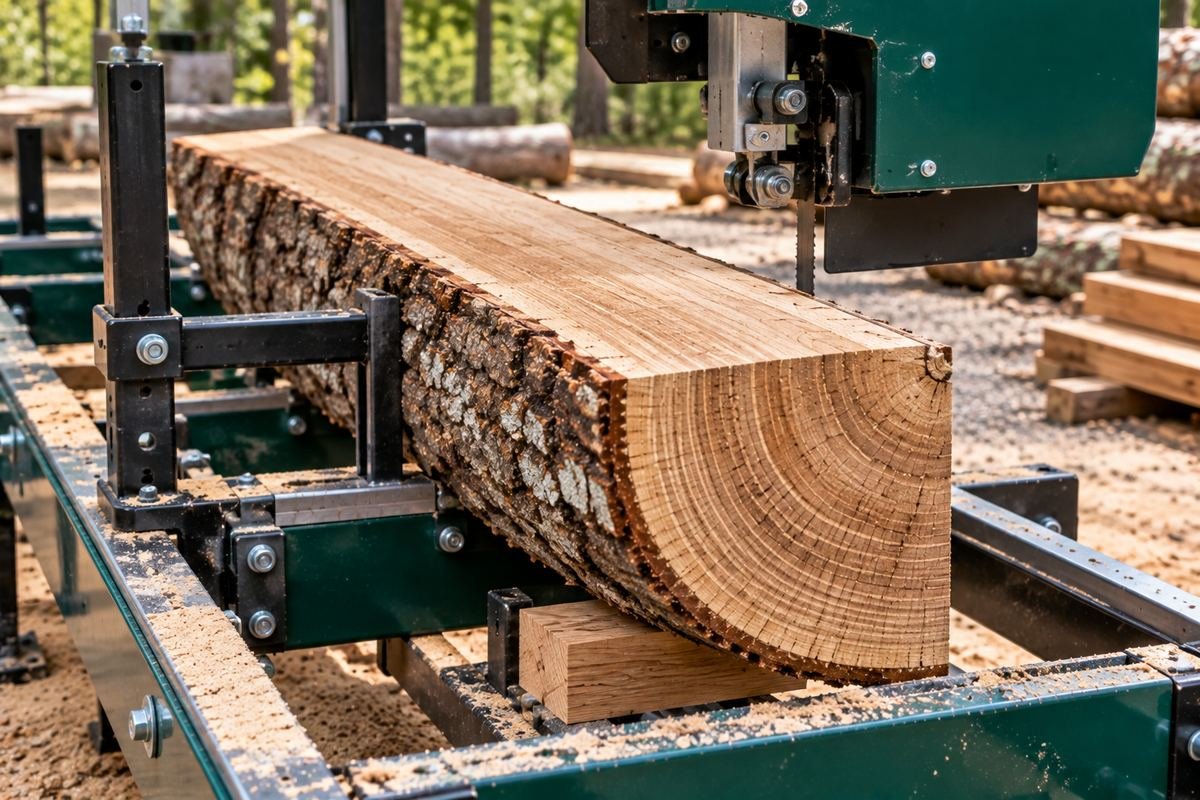 Quartered oak log clamped on a portable band sawmill with a split face up and a wooden wedge underneath