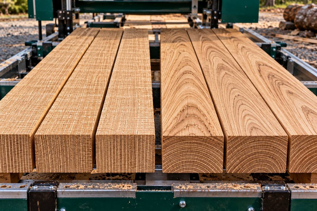 Quarter sawn oak boards with vertical end grain on the left and plain sawn boards with arched end grain on the right