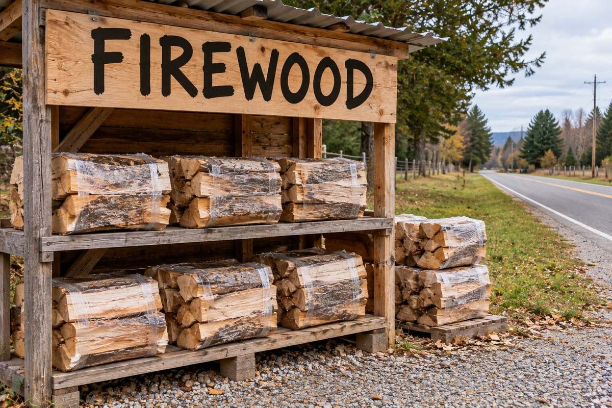Roadside firewood stand with shrink-wrapped firewood bundles on wooden shelves