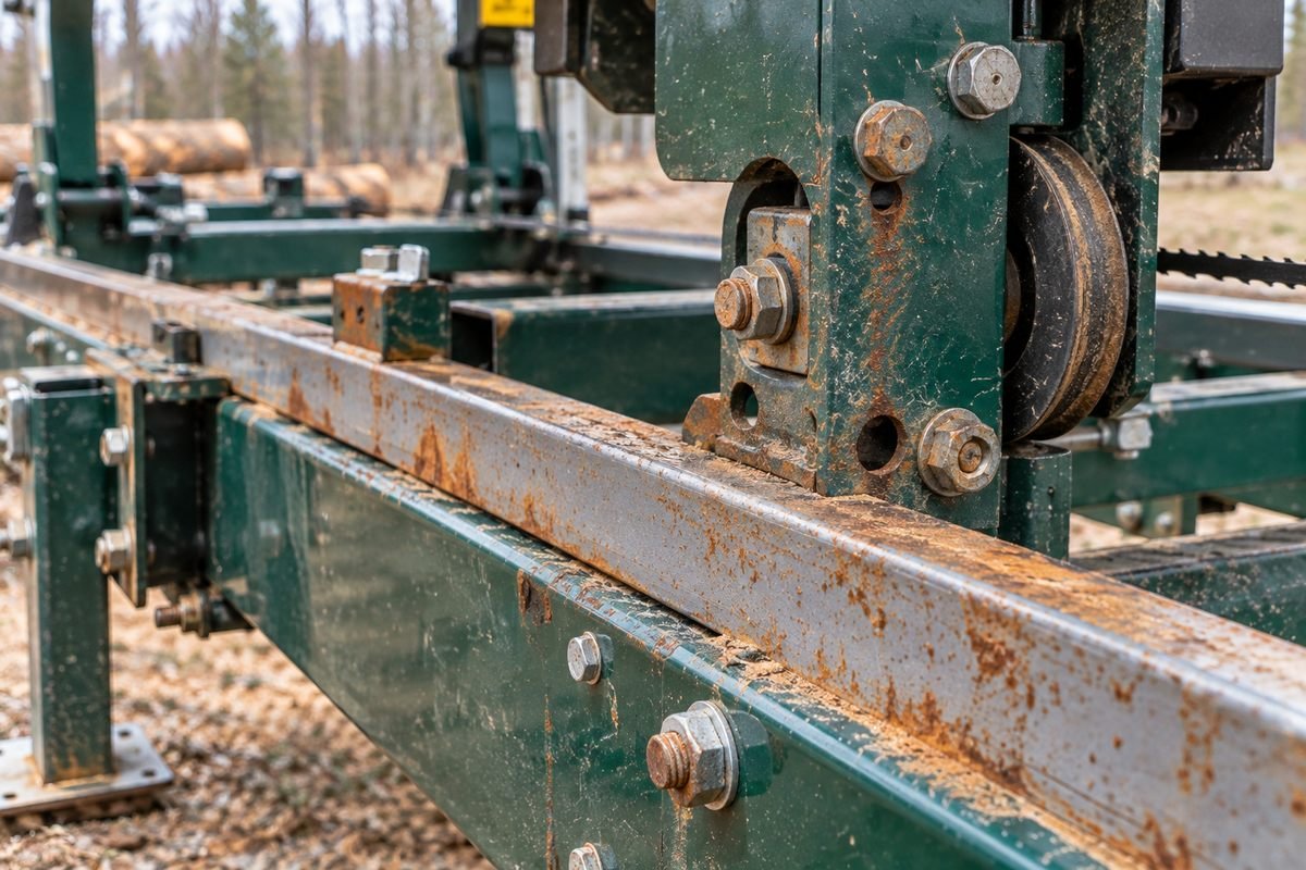 Surface rust on a used portable sawmill track rail and mounting bolts